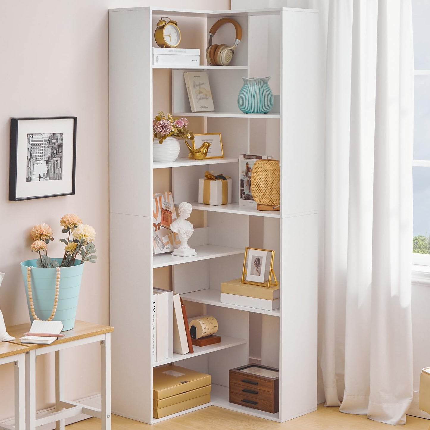 HOOBRO 9-tier Wooden L-Shaped Corner Bookshelf with Baffles