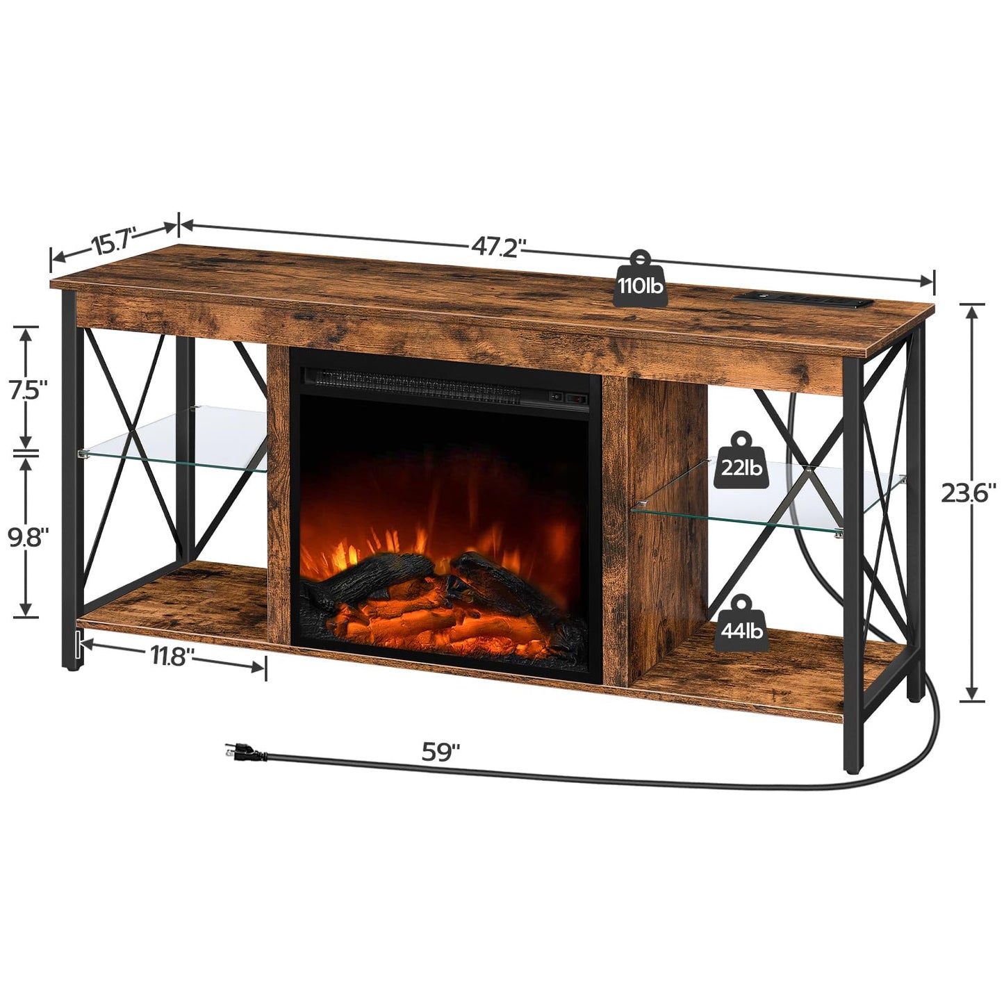 HOOBRO Vintage Brown Glass Shelf Fireplace TV Stand with Charging Station & LED Lights