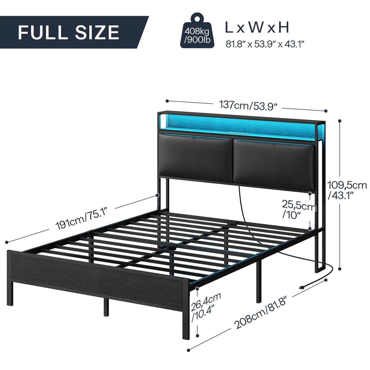 HOOBRO Full Metal Bed Frame with LED Lights & Charging Station