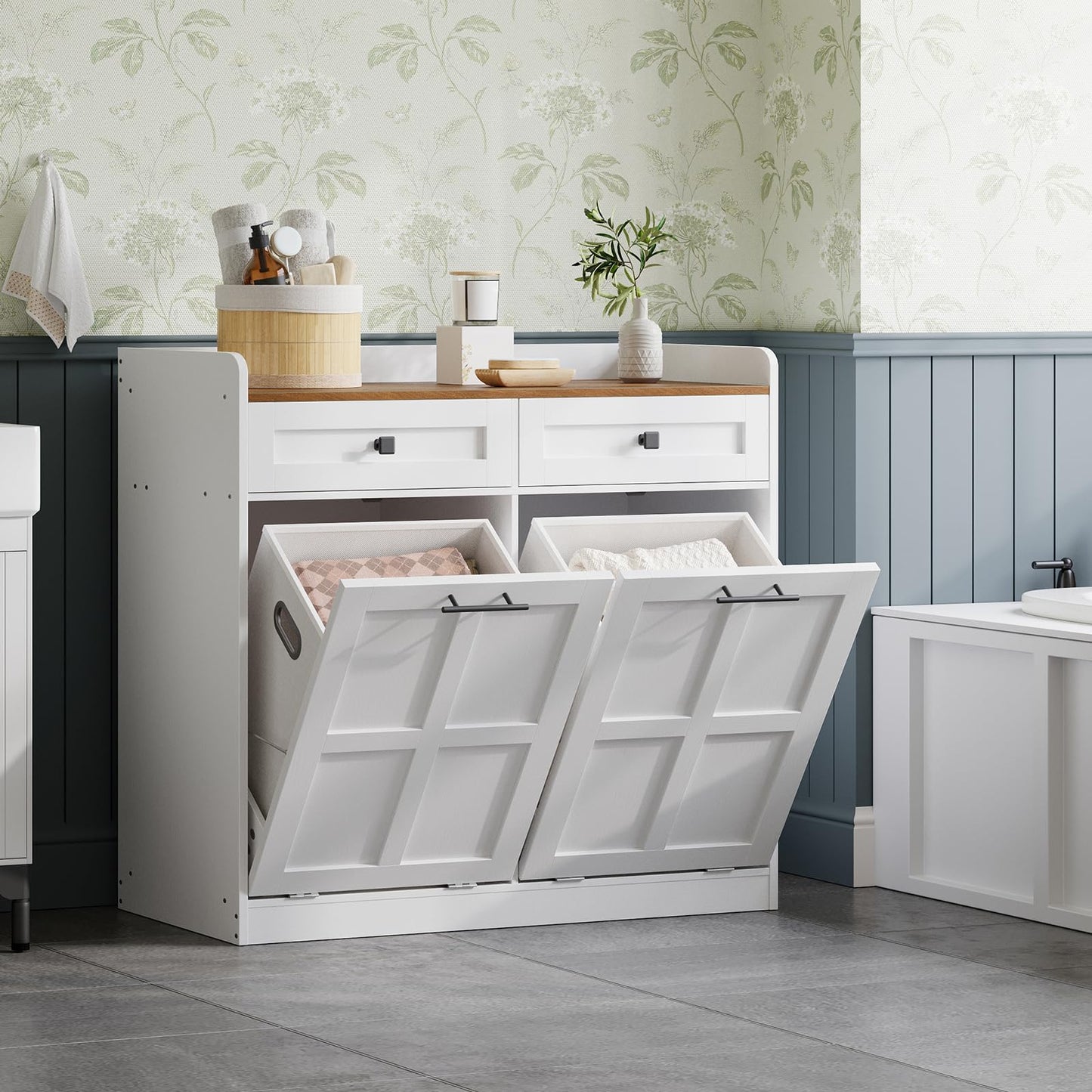 HOOBRO 25 Gallon Farmhouse Double Tilt Out Laundry Hamper Cabinet