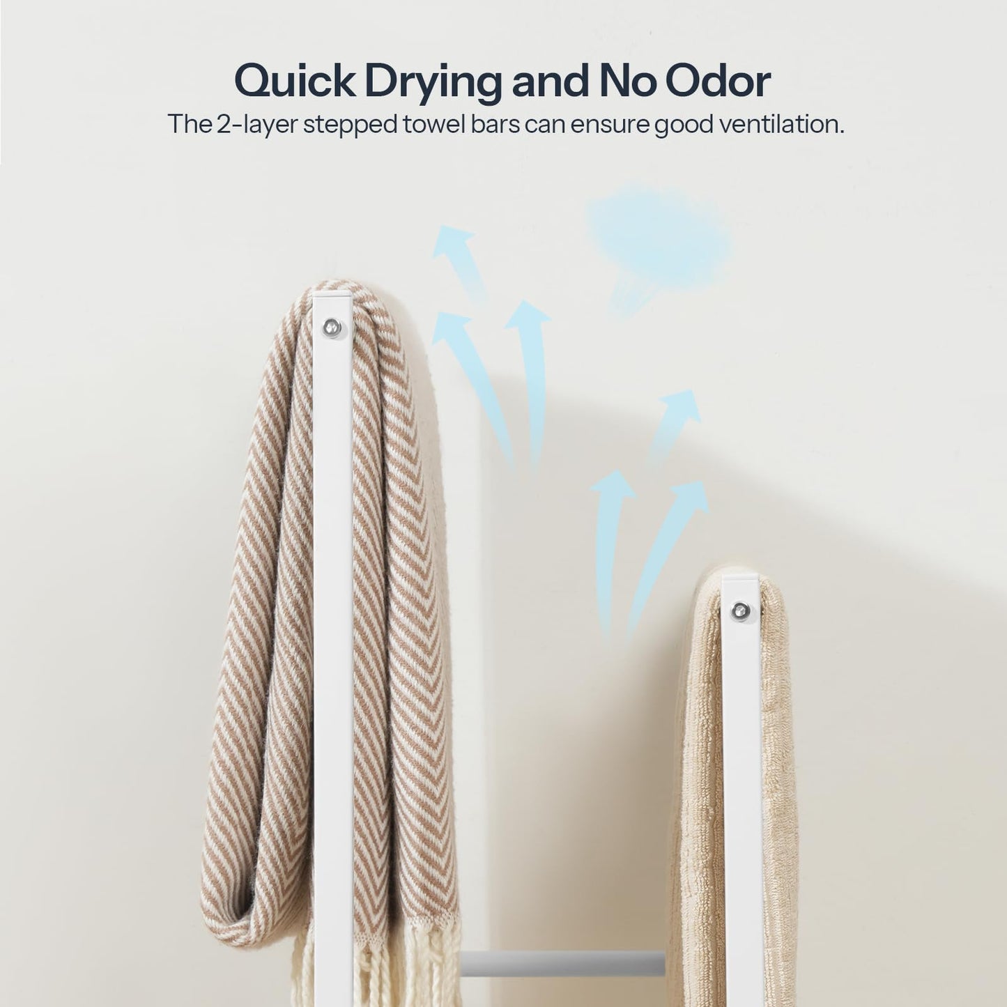 Towel bars with towels hanging on a light gray background, featuring text about quick drying and no odor.