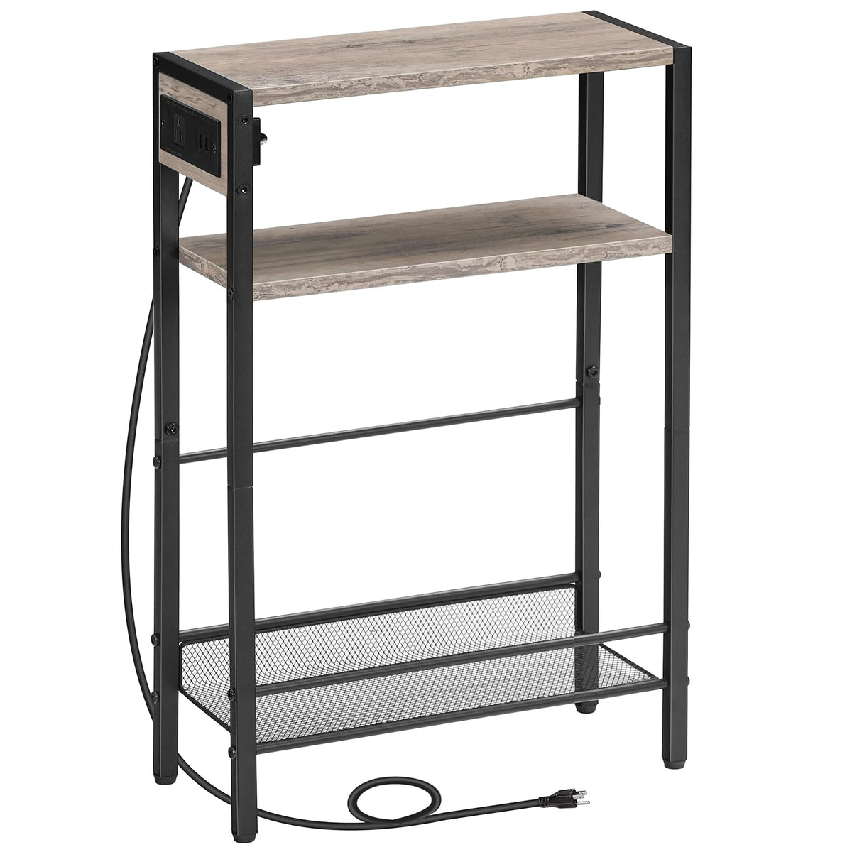HOOBRO Small Narrow Side Table with Charging Station, Skinny End Table for Small Spaces, Slim Nightstand with USB Ports Outlet, Sofa Beside Table with Storage Shelf, Greige and Black BG102UBZ01