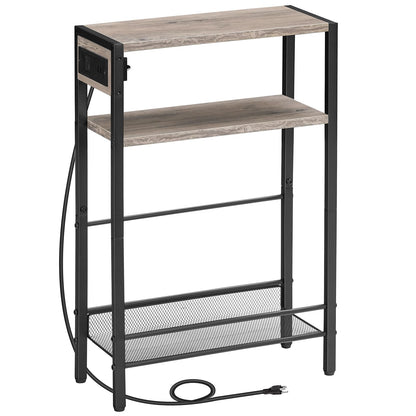 HOOBRO Small Narrow Side Table with Charging Station, Skinny End Table for Small Spaces, Slim Nightstand with USB Ports Outlet, Sofa Beside Table with Storage Shelf, Greige and Black BG102UBZ01