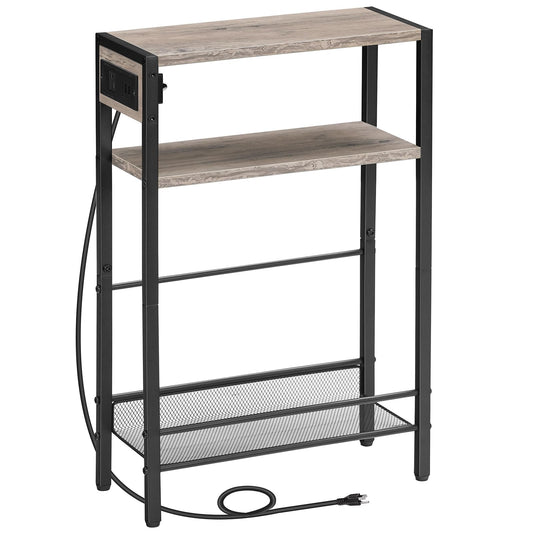 HOOBRO Small Narrow Side Table with Charging Station, Skinny End Table for Small Spaces, Slim Nightstand with USB Ports Outlet, Sofa Beside Table with Storage Shelf, Greige and Black BG102UBZ01