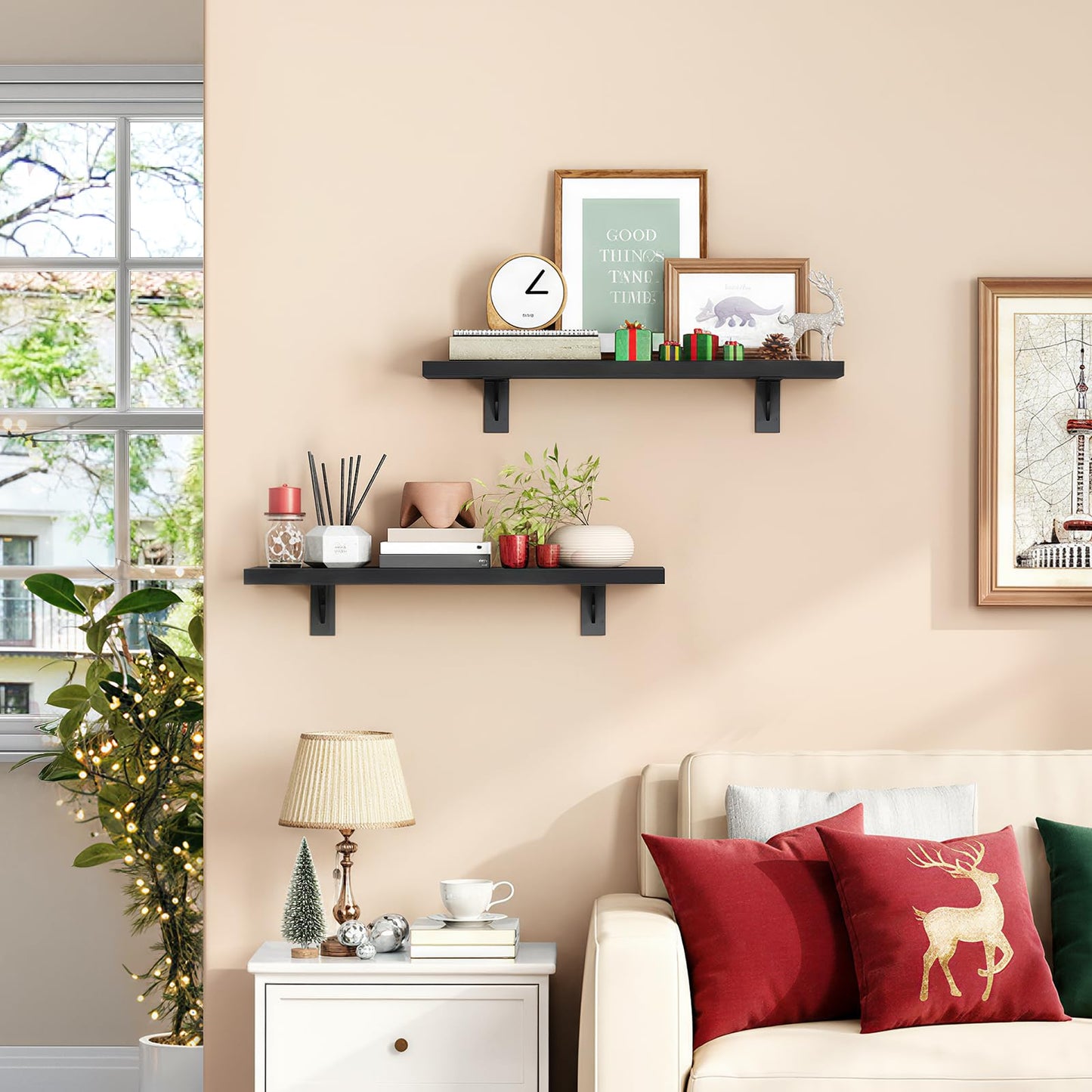 HOOBRO Vintage Brown 15.4-inch Wooden Wall-Mounted Shelf Set with Metal Bracket /2PICS