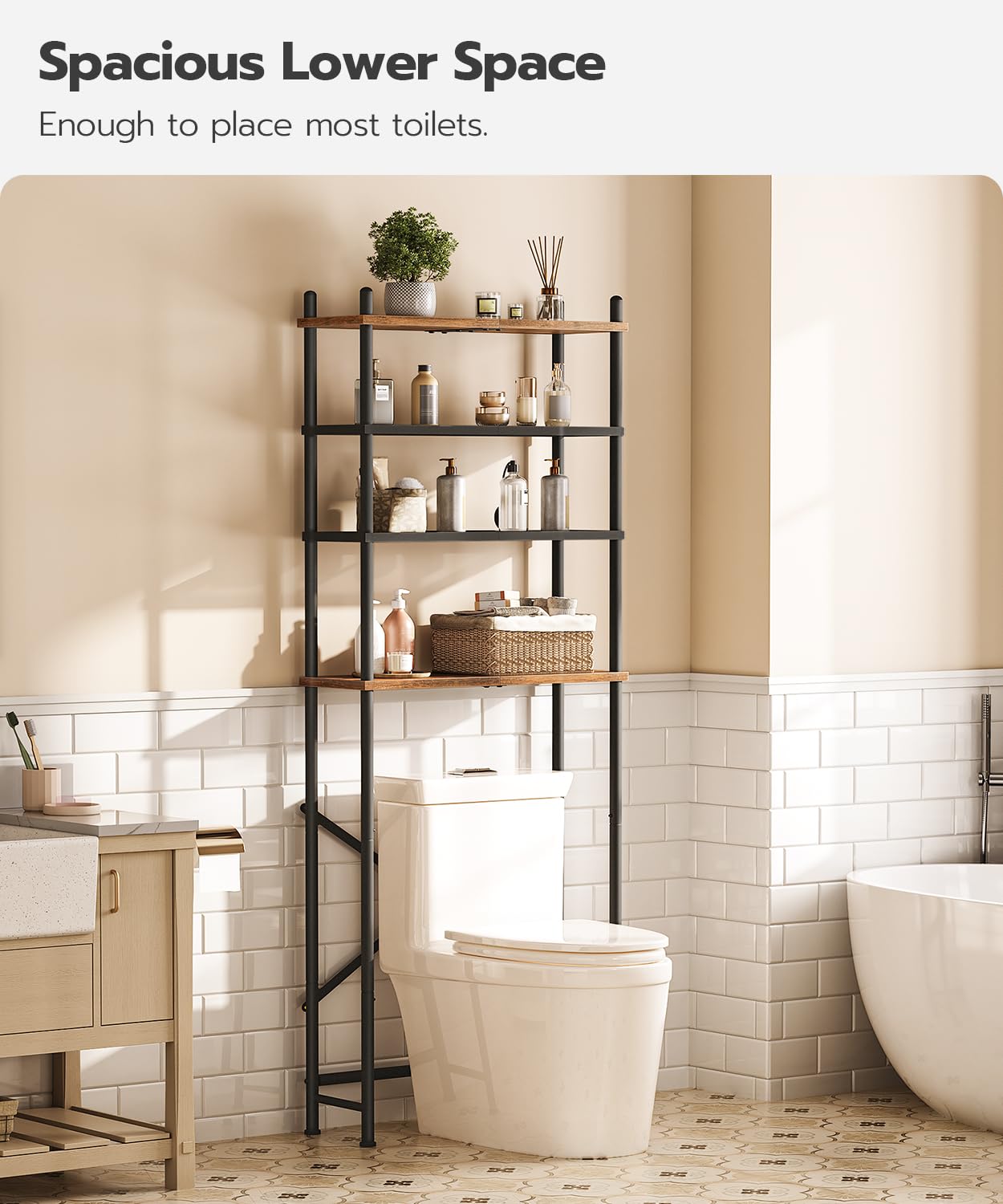 HOOBRO Retro Brown Four-Tier Toilet Above-Room Bathroom Storage Rack with Adjustable Legs