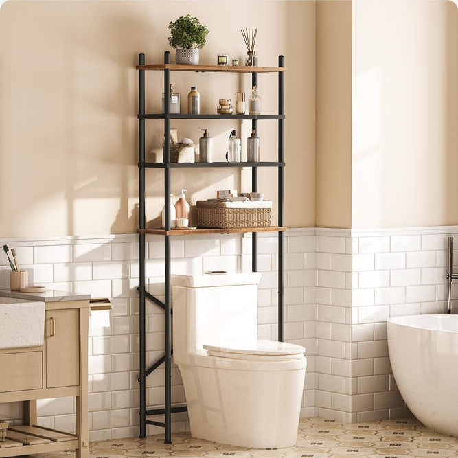 HOOBRO Retro Brown Four-Tier Toilet Above-Room Bathroom Storage Rack with Adjustable Legs
