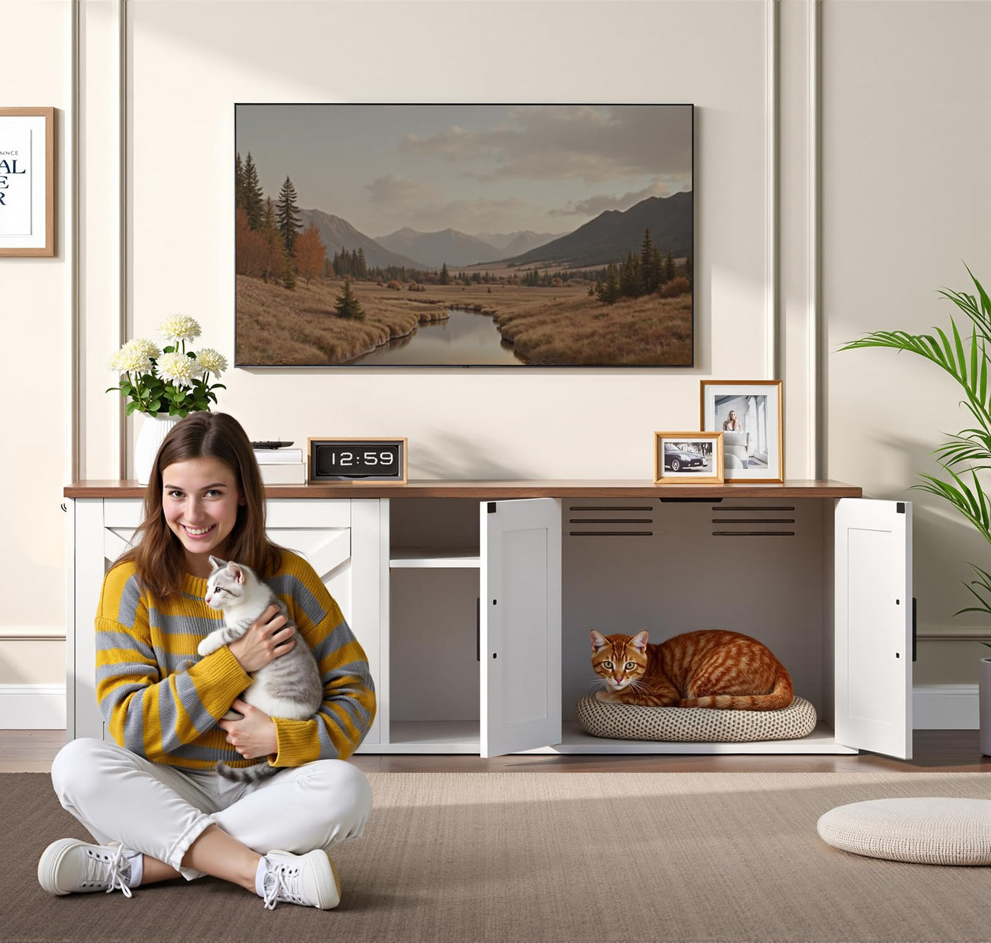 HOOBRO White Double-Layer Concealed Litter Box Cabinet with Aisle & Storage Shelves & Hooks