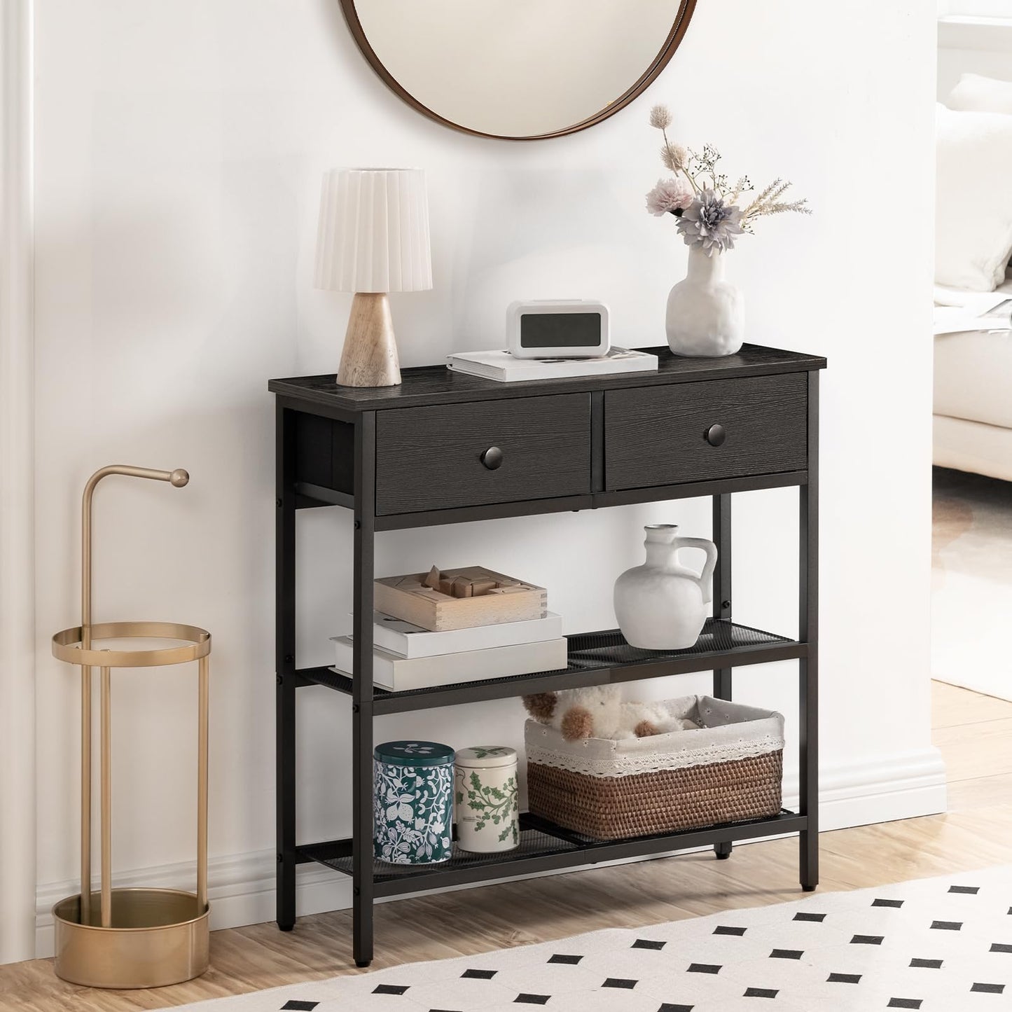 HOOBRO 29.5-inch 3-Tier Narrow Console Table with Drawers