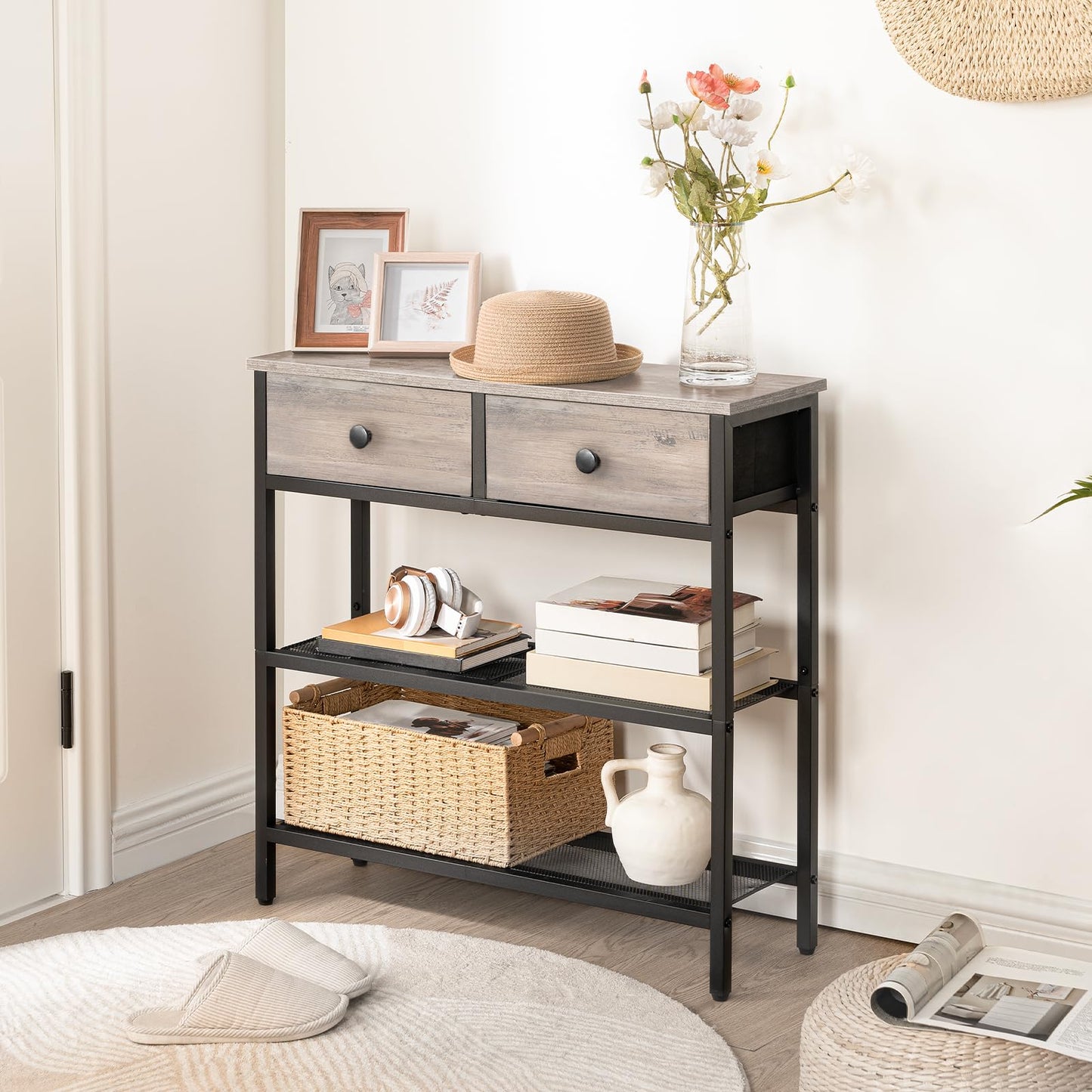 HOOBRO 29.5-inch Narrow Console Table with 2 Fabric Drawers & 3-Shelf Storage