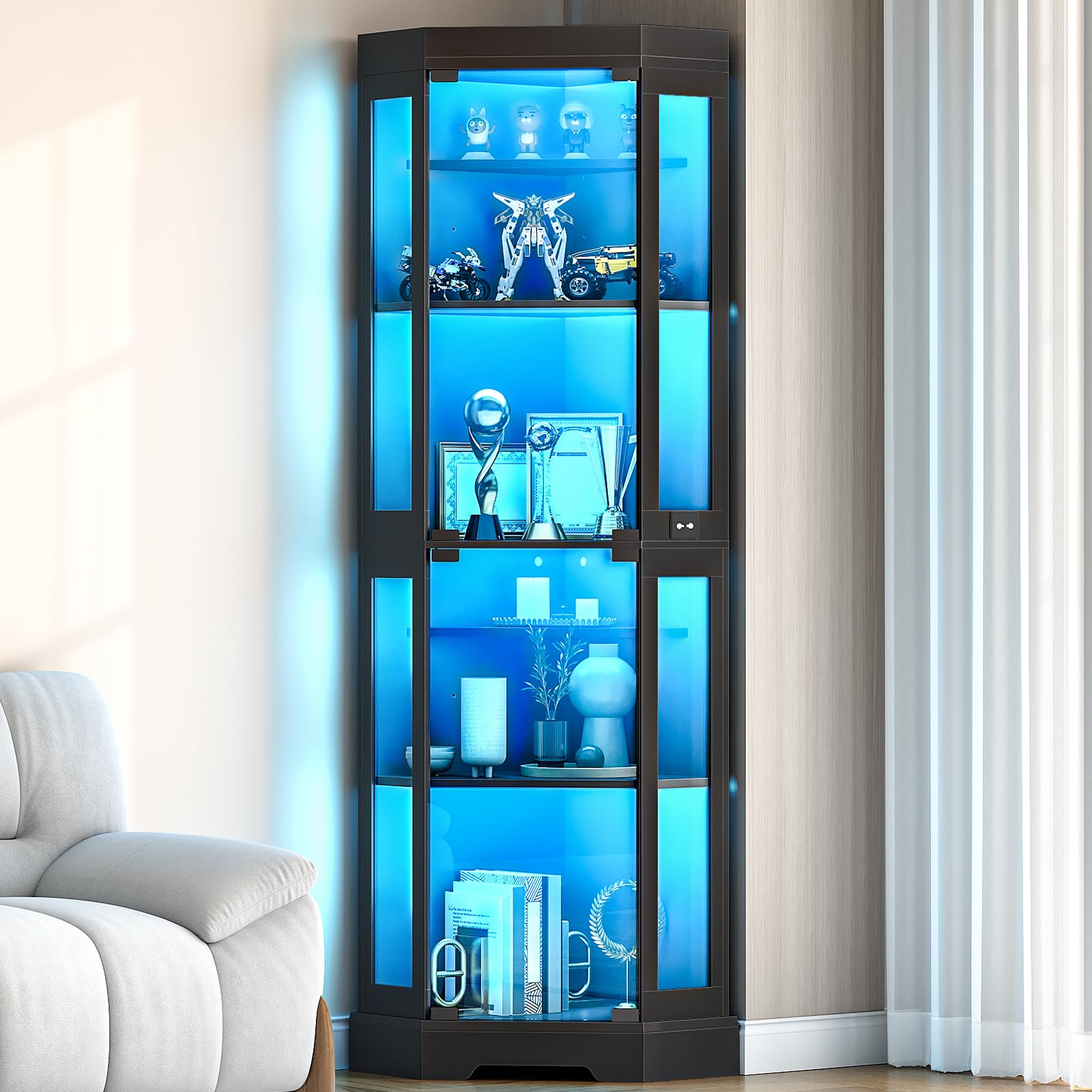 Corner display cabinet with blue lighting filled with decorative items in a room.