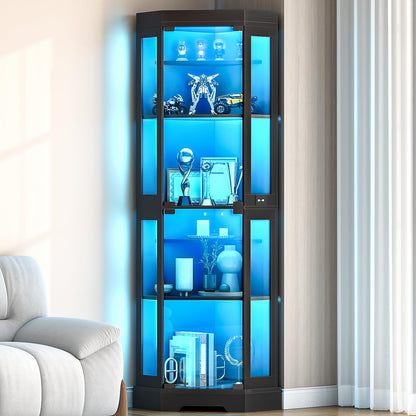 Corner display cabinet with blue lighting filled with decorative items in a room.