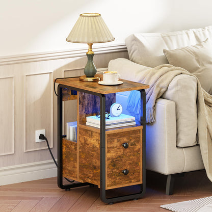 HOOBRO Narrow Nightstand with Charging Station & LED Lights, Narrow Side Table with Fabric Drawer, Open Shelves, Slim End Table for Living Room, Bedroom, Rustic Brown and Black BF430UDBZ01