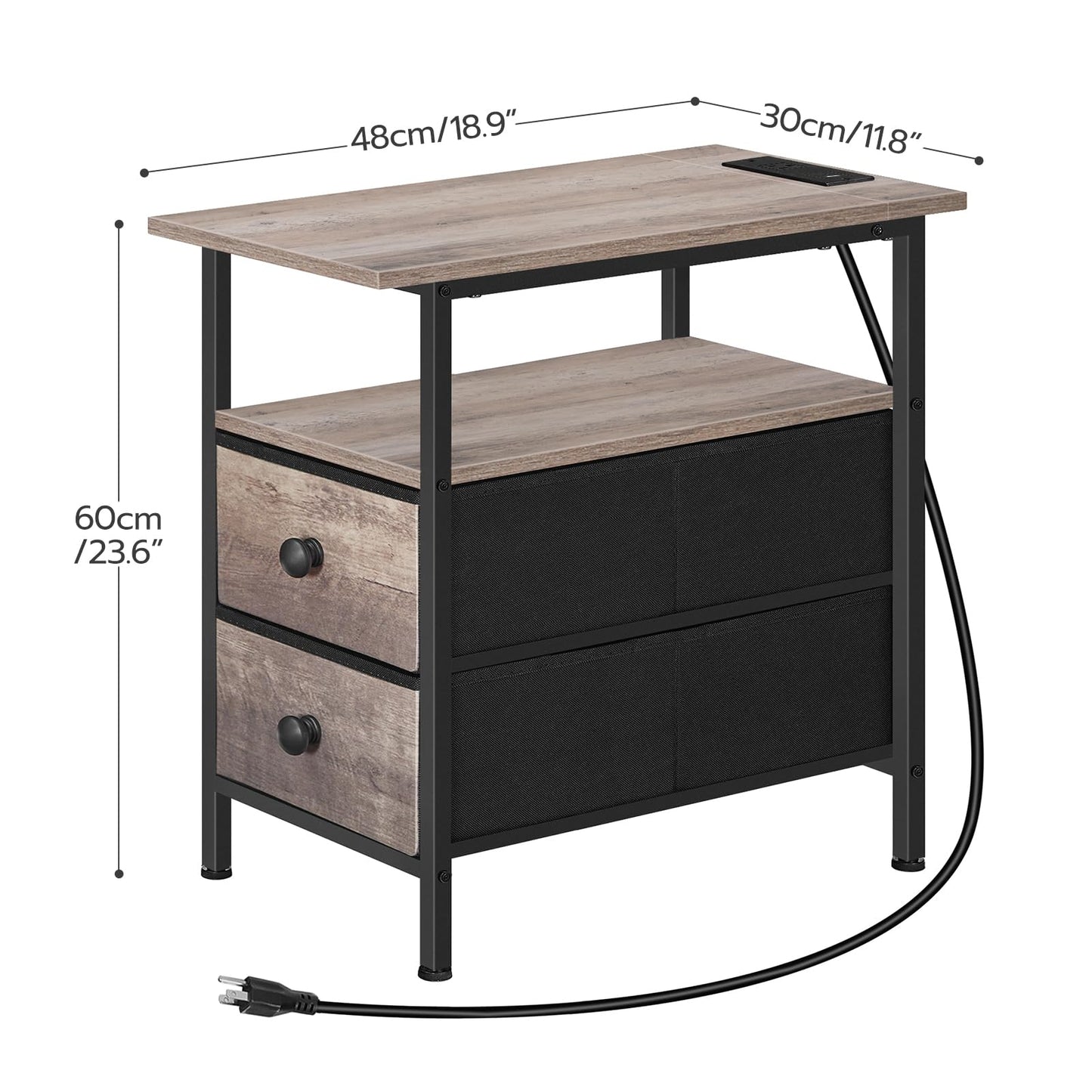 HOOBRO End Table with Charging Station, Narrow Side Table, Nightstand with 2 Non-Woven Drawers, Slim Sofa Side Table, for Small Spaces, Living Room, Bedroom, Greige and Black BG486UBZ01