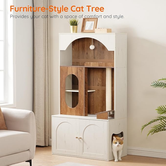 Furniture-style cat tree with a cat peeking out, placed in a room with a couch and plants.