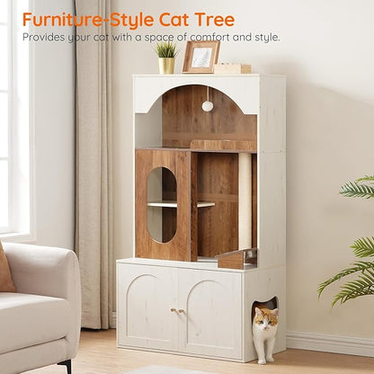 Furniture-style cat tree with a cat peeking out, placed in a room with a couch and plants.