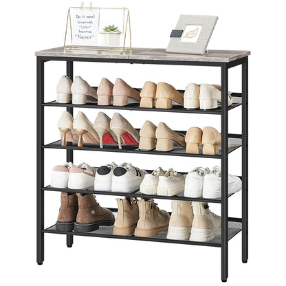 Shoe rack with various shoes on a white background