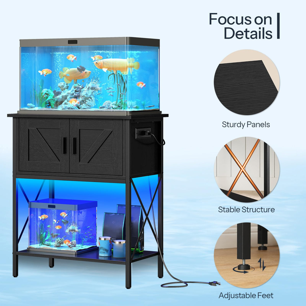 Fish tank with stand on a light blue background, highlighting sturdiness and stability.