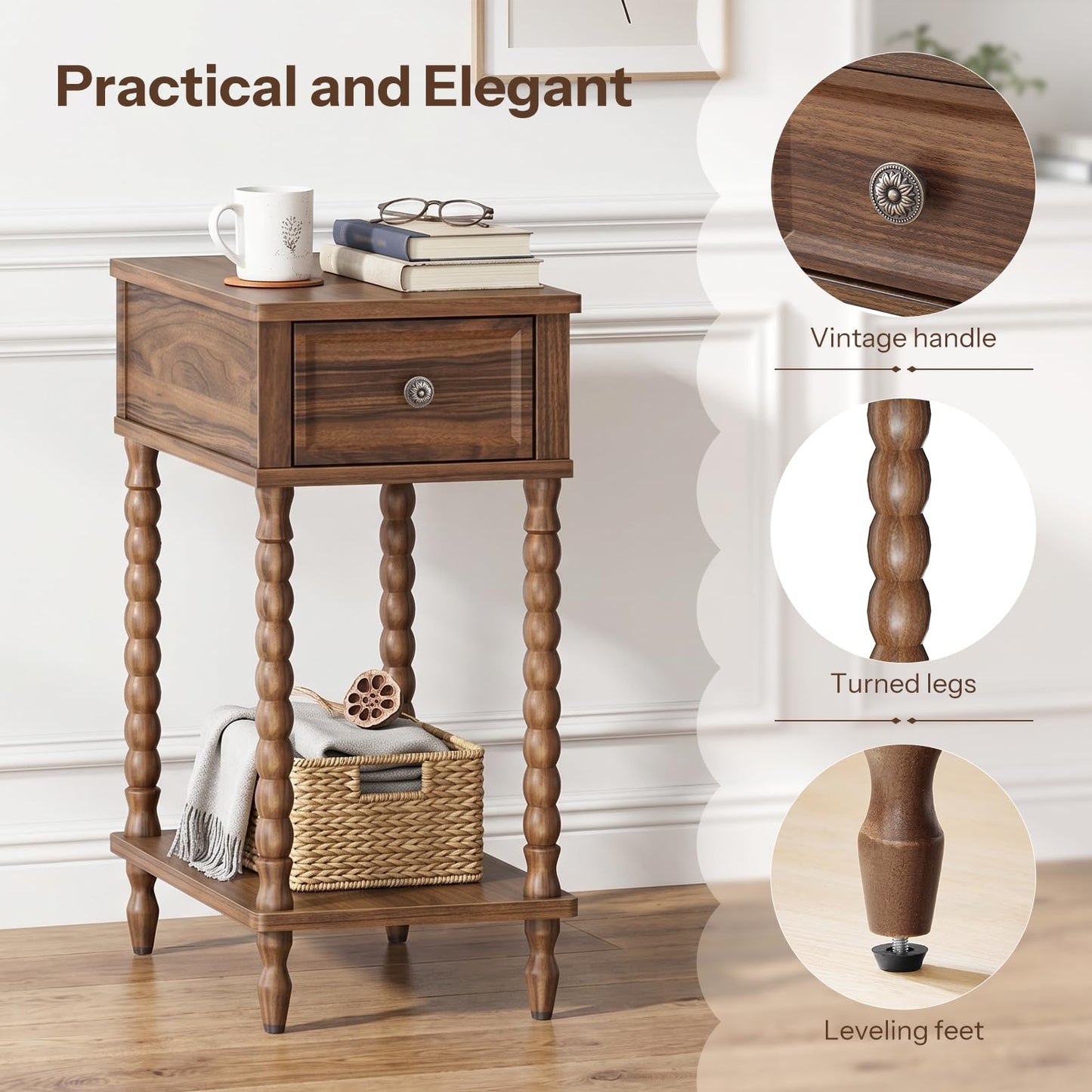 HOOBRO Narrow Side Table with Drawer, Solid Wood Legs Nightstand, for Home