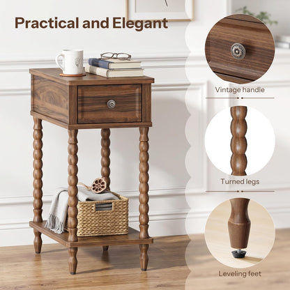 HOOBRO Narrow Side Table with Drawer, Solid Wood Legs Nightstand, for Home