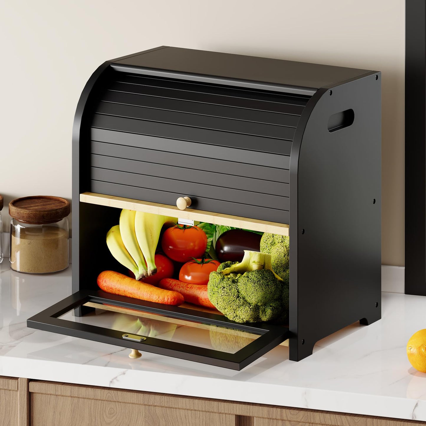Black roll-top vegetable storage container with open door showing fresh produce on a kitchen counter.