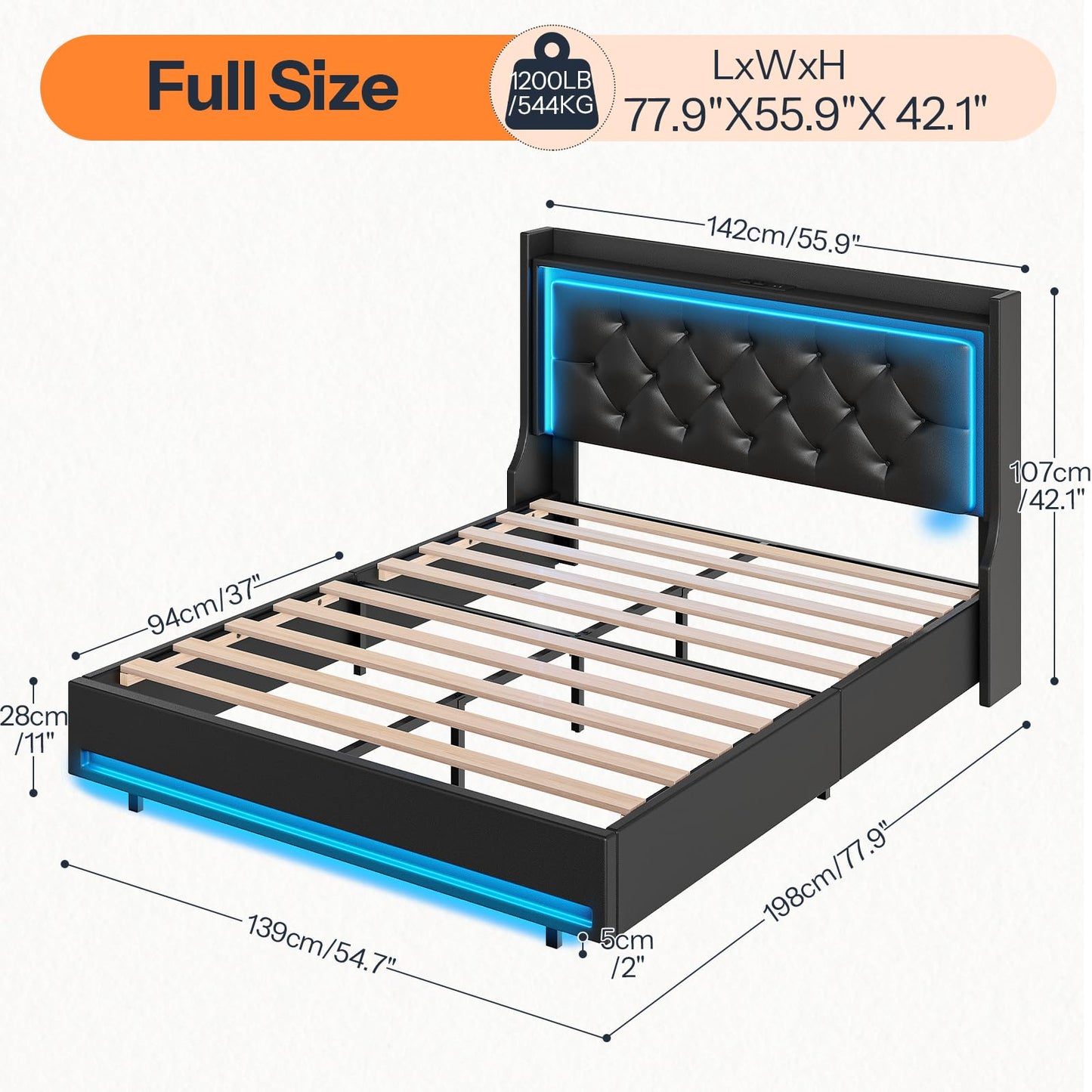 HOOBRO Full Upholstered Bed Frame with Headboard & LED Lights & Charging Station