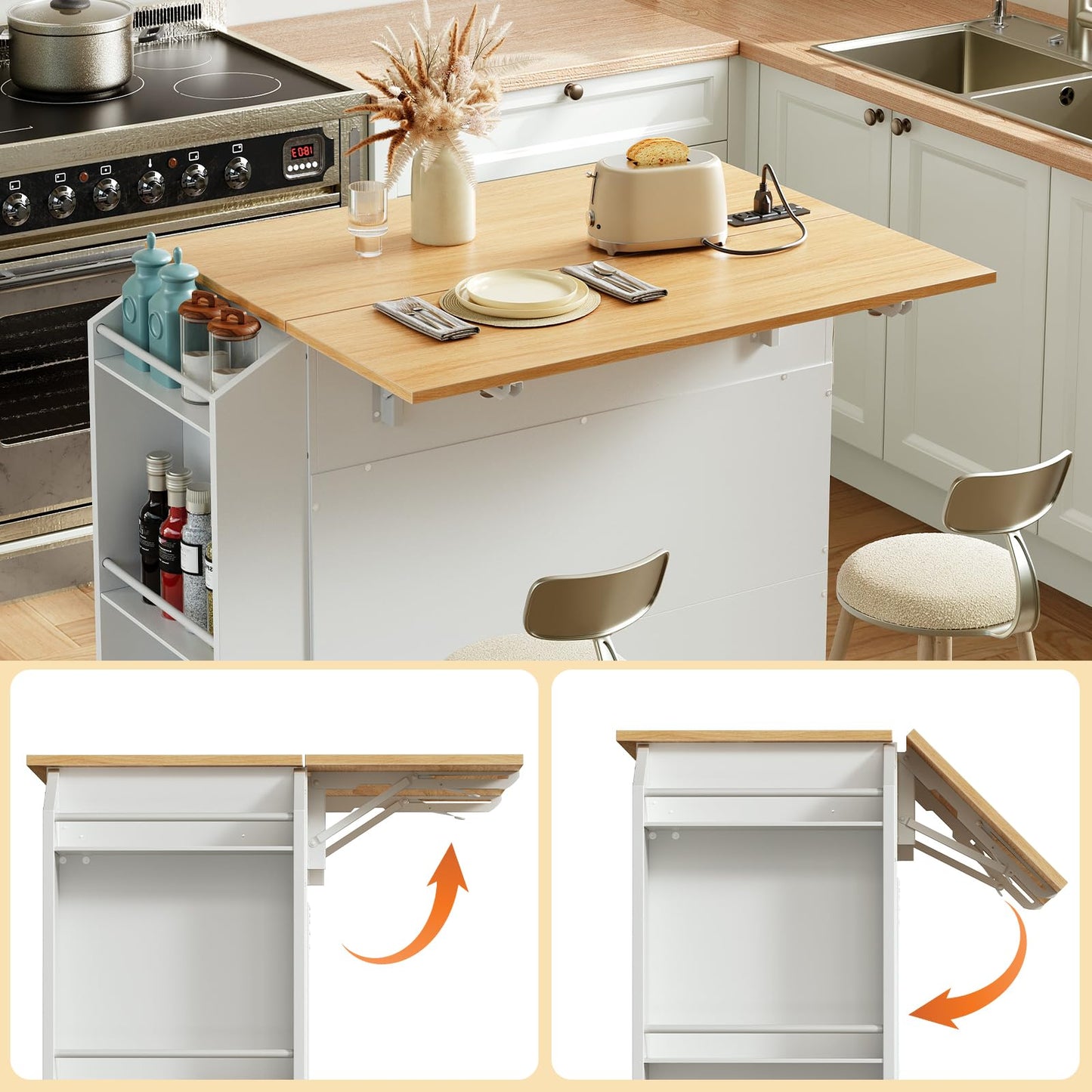 HOOBRO White Movable Kitchen Island with Folding Countertop & Power Outlet & Drawers & Spice Rack