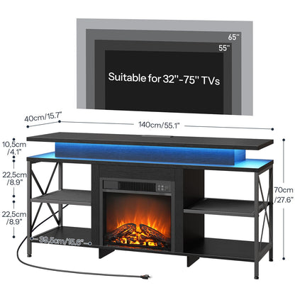 TV stand with electric fireplace and dimensions displayed