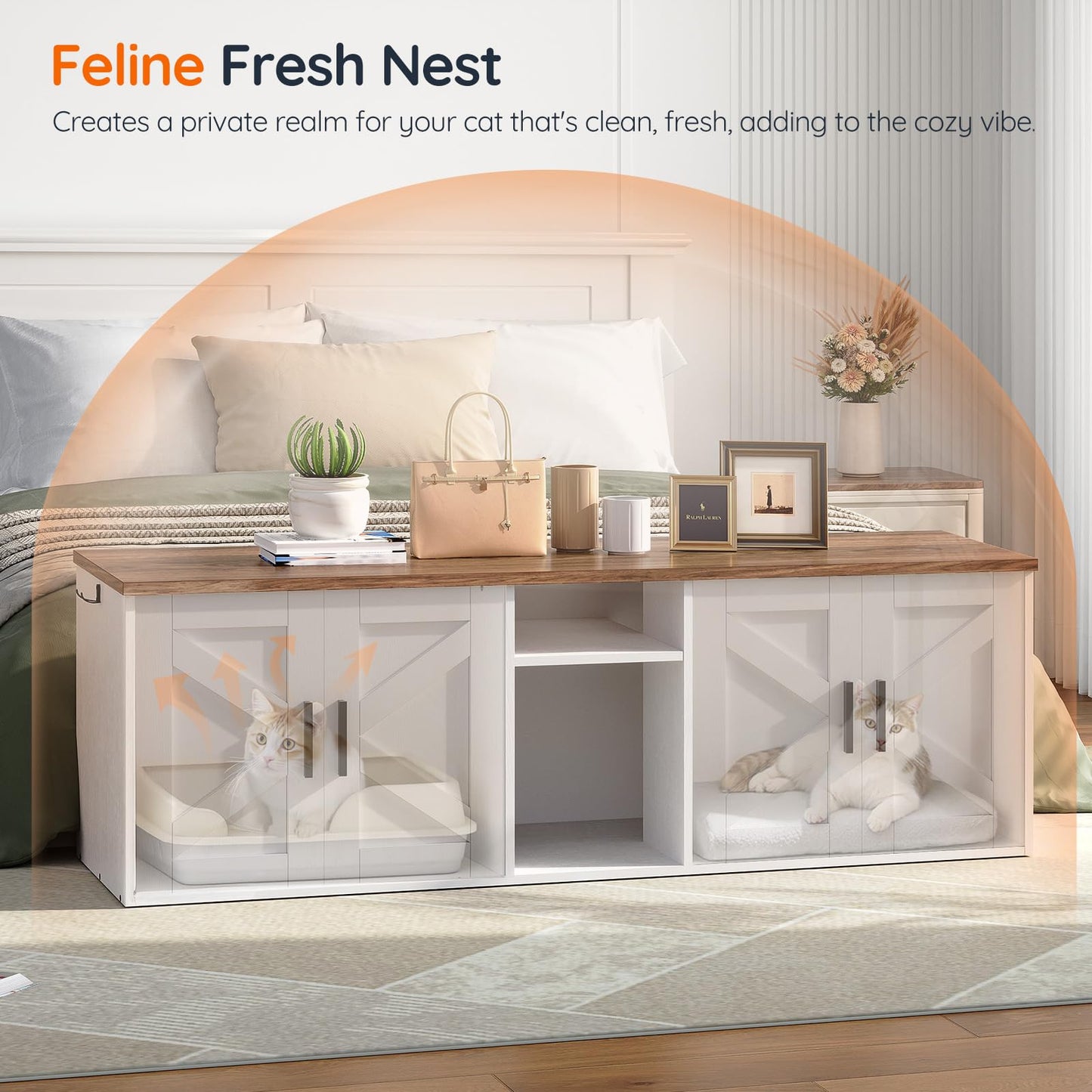 HOOBRO White Double-Layer Concealed Litter Box Cabinet with Aisle & Storage Shelves & Hooks