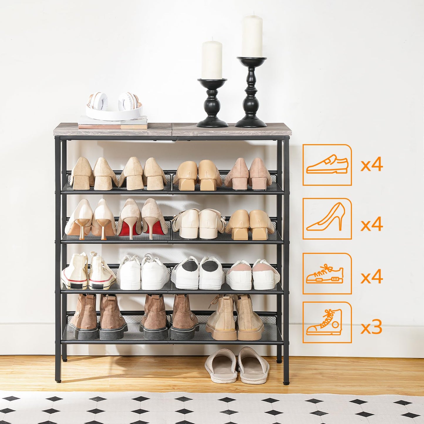 Shoe rack with various shoes on a wooden floor, with icons and numbers indicating shoe quantities.