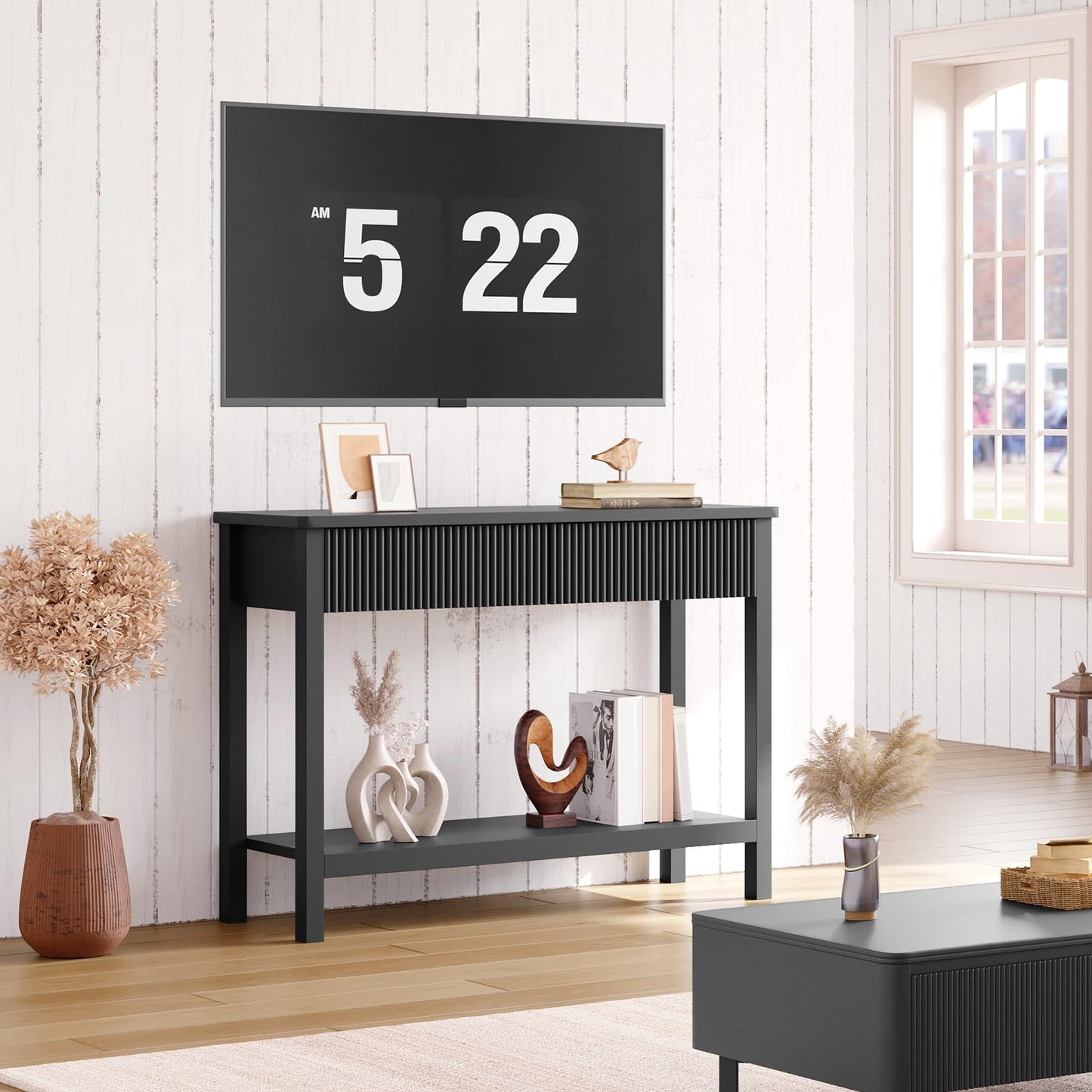 HOOBRO 39.4-inch Black Double-Layer Roughside Table with 2 Drawers & Storage Shelf