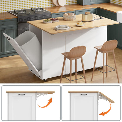 Kitchen island with pull-out trash bin and stools, with inset images showing the mechanism.