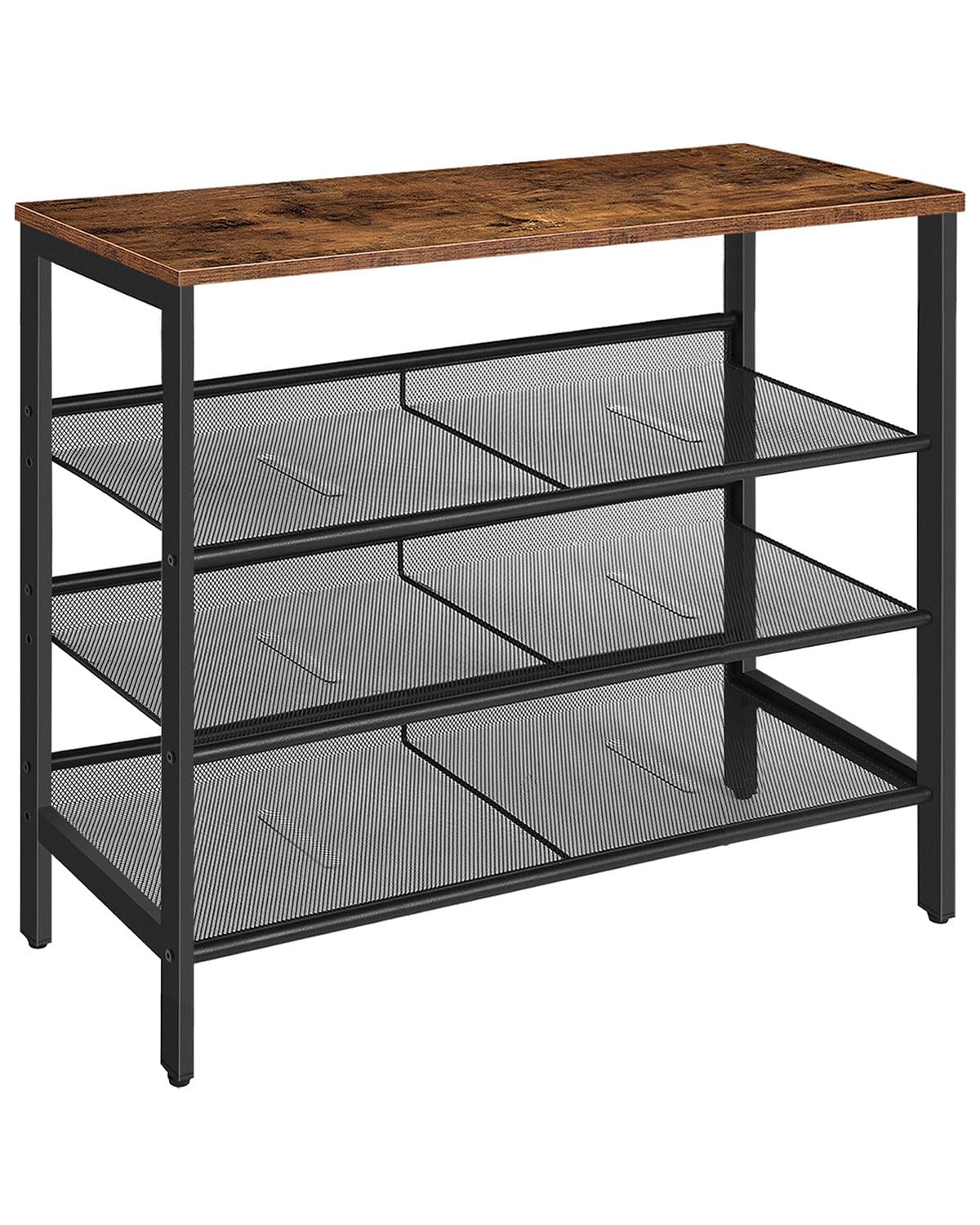 Three-tiered metal shelf with wooden top on a white background