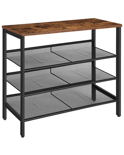 Three-tiered metal shelf with wooden top on a white background