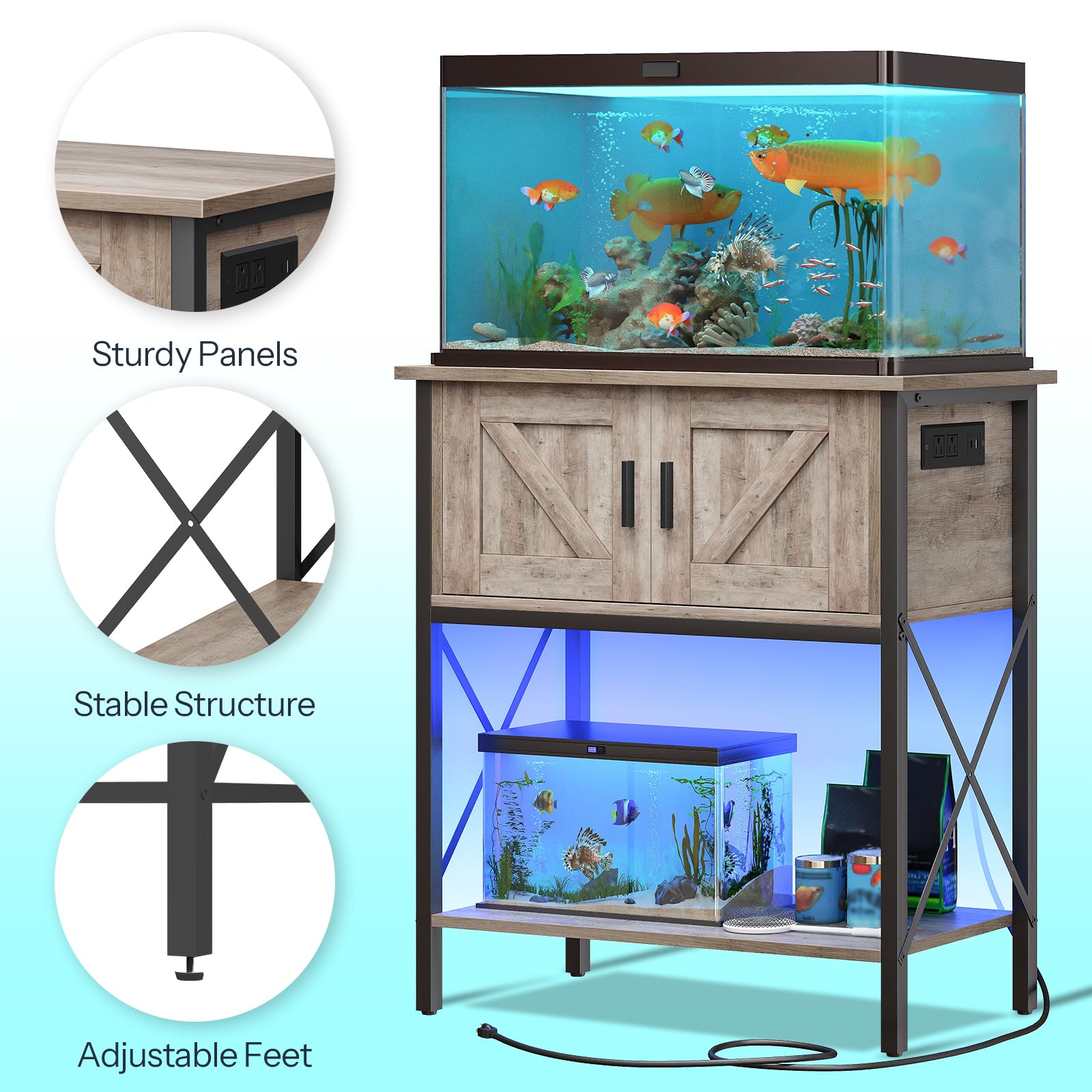 Fish tank with wooden stand and adjustable feet, featuring sturdiness and stability features.