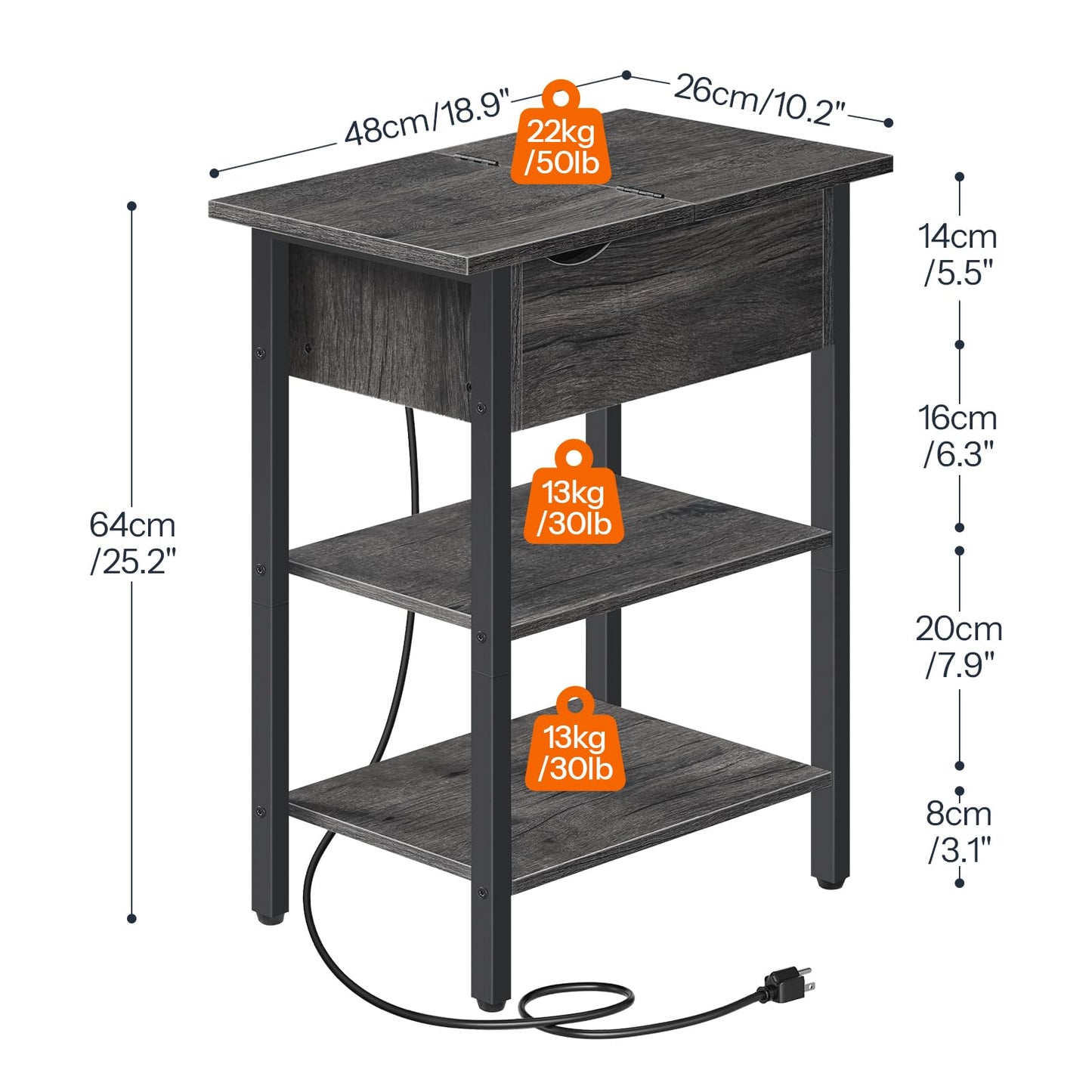 HOOBRO End Table with Charging Station, Narrow Side Table, Flip Top Nightstand with USB Ports and Outlets, Bedside Tables with Shelf for Small Spaces, Living Room, Charcoal Black BC341BZ01