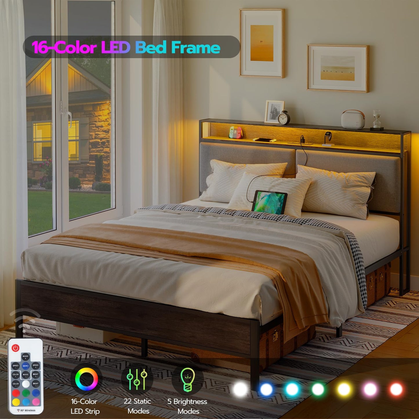HOOBRO Queen Metal Bed Frame with Storage Headboard & LED Lights