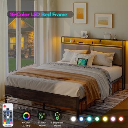 HOOBRO Queen Metal Bed Frame with Storage Headboard & LED Lights