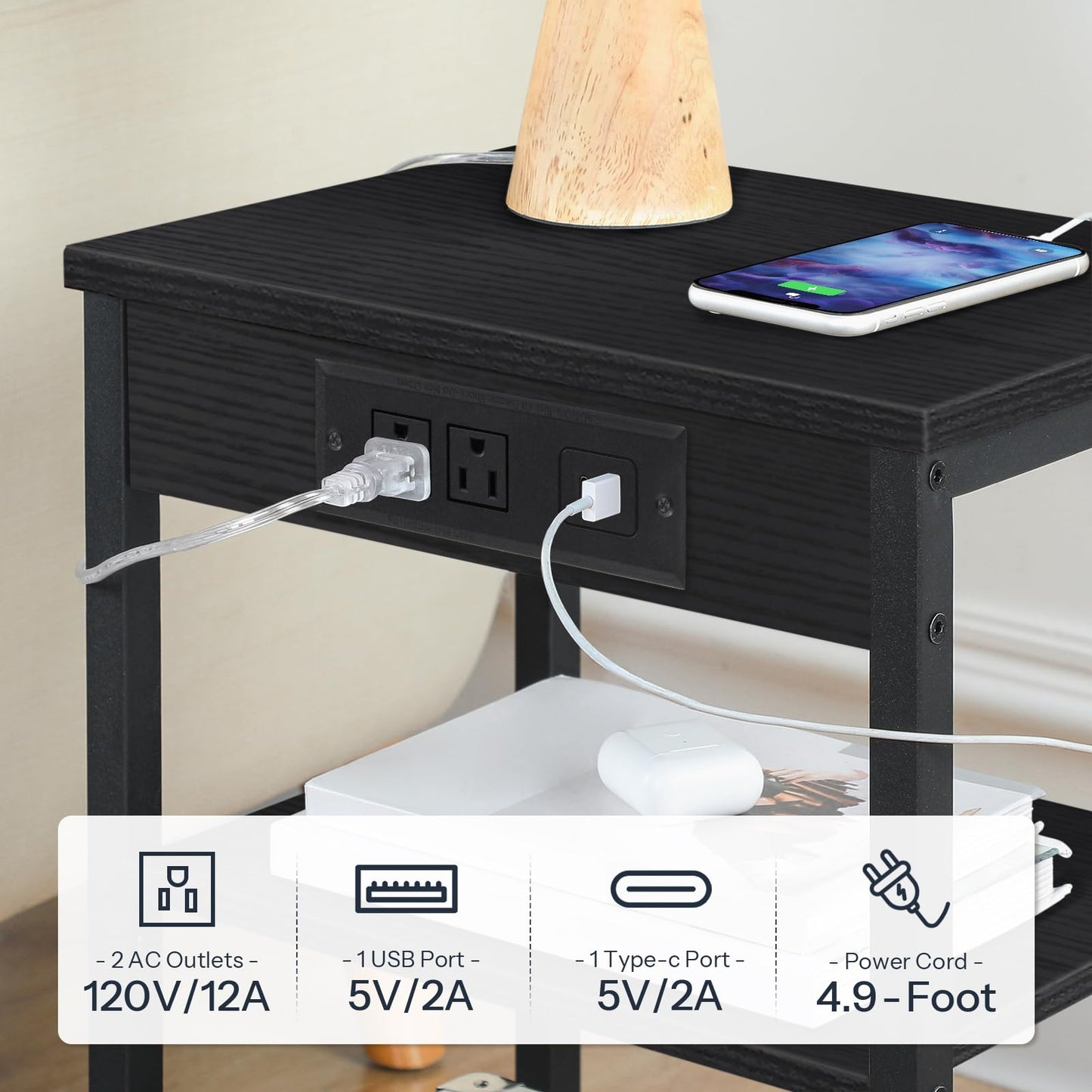 HOOBRO Black Triple-Shelf Adjustable Compact Side Table with Charging Station & USB Port