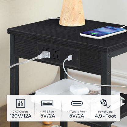 HOOBRO Black Triple-Shelf Adjustable Compact Side Table with Charging Station & USB Port