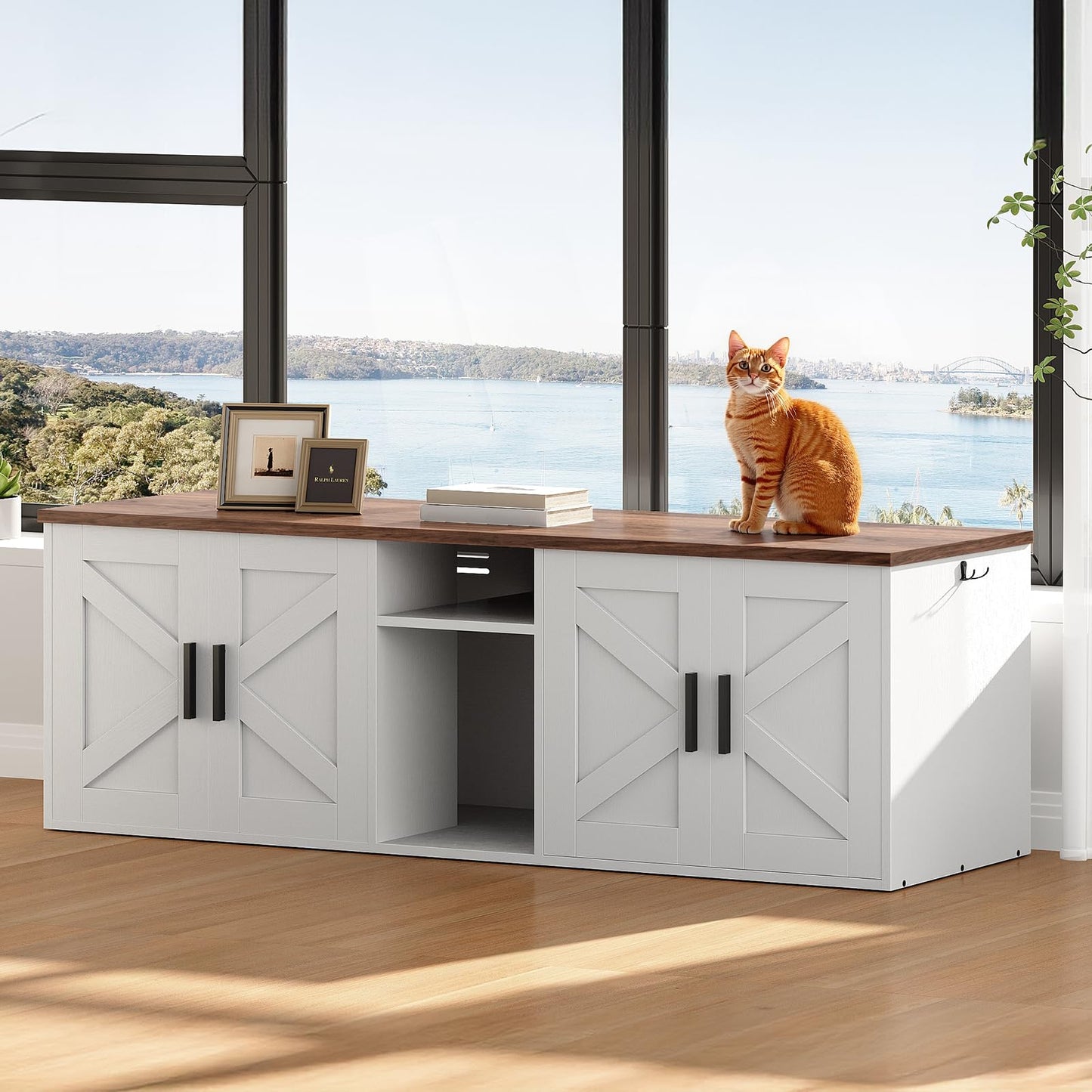 HOOBRO White Double-Layer Concealed Litter Box Cabinet with Aisle & Storage Shelves & Hooks