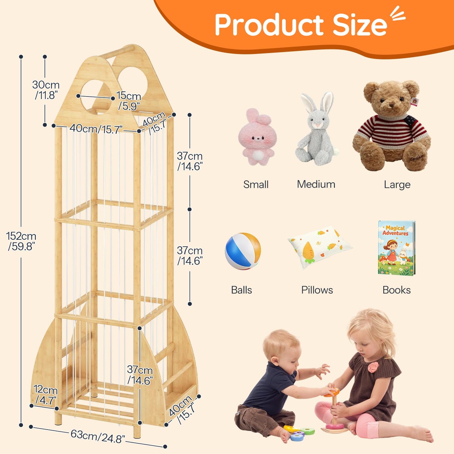 HOOBRO Stuffed Animal Storage, Bamboo Stuffed Animal Organizer with Elastic Cords and Side Bookshelf, Stuffed Animal Holder for Kids' Room, Playroom, Bedroom, Living Room, Nursery, Natural YL67CW01