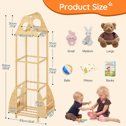 HOOBRO Stuffed Animal Storage, Bamboo Stuffed Animal Organizer with Elastic Cords and Side Bookshelf, Stuffed Animal Holder for Kids' Room, Playroom, Bedroom, Living Room, Nursery, Natural YL67CW01