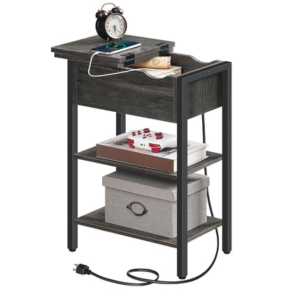 HOOBRO End Table with Charging Station, Narrow Side Table, Flip Top Nightstand with USB Ports and Outlets, Bedside Tables with Shelf for Small Spaces, Living Room, Charcoal Black BC341BZ01