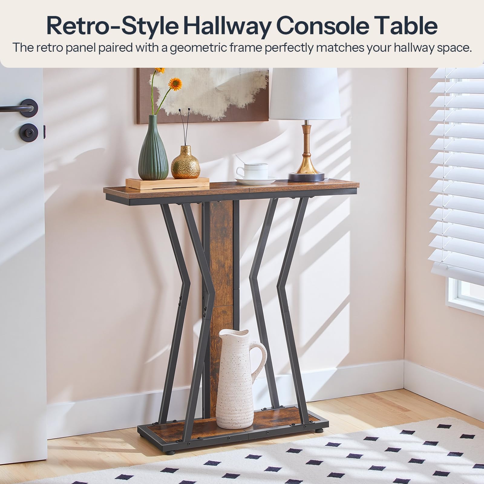 Retro-style hallway console table with decorative items in a room setting.