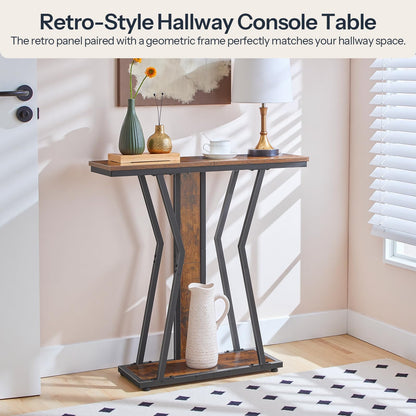 Retro-style hallway console table with decorative items in a room setting.