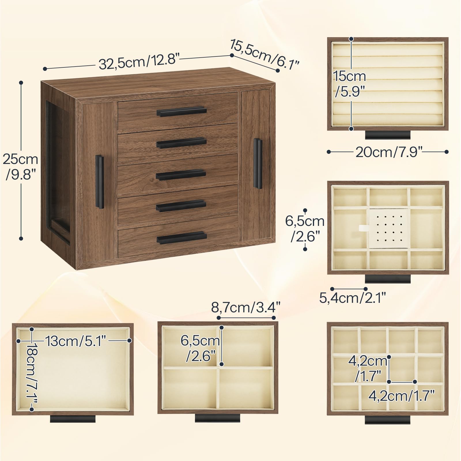 Wooden cabinet with dimensions and interior layout on a beige background