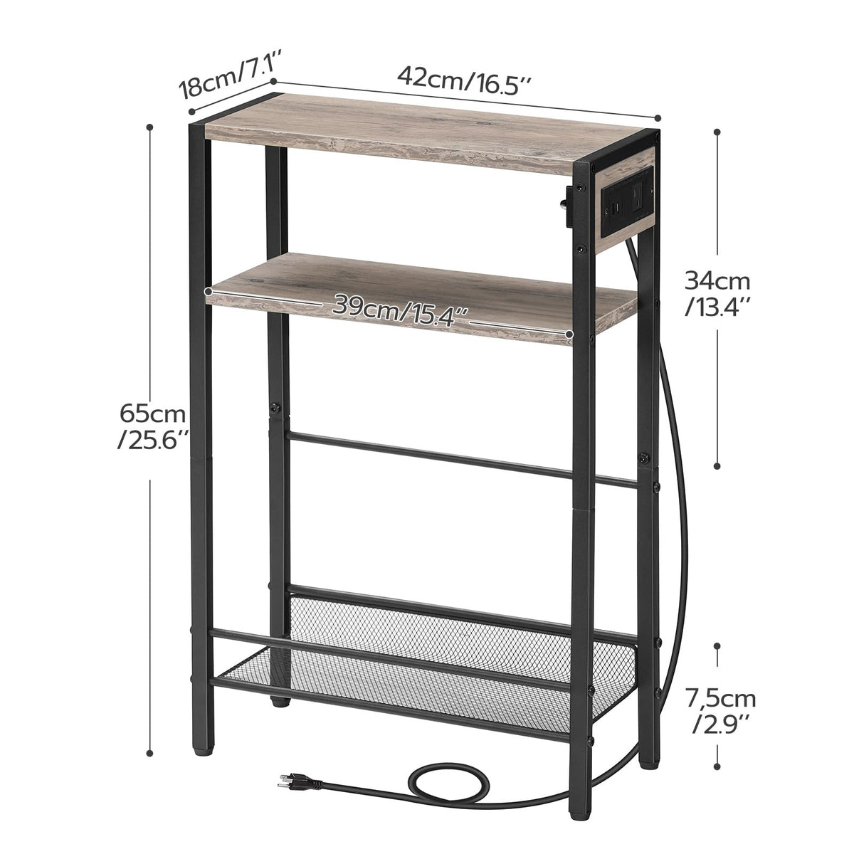 HOOBRO Small Narrow Side Table with Charging Station, Skinny End Table for Small Spaces, Slim Nightstand with USB Ports Outlet, Sofa Beside Table with Storage Shelf, Greige and Black BG102UBZ01