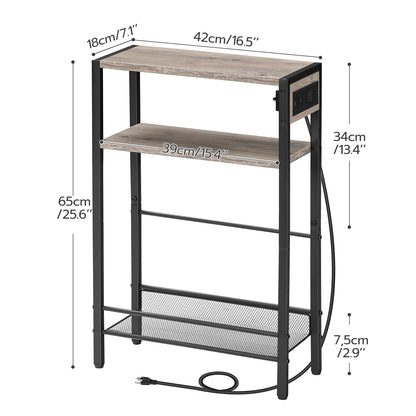HOOBRO Small Narrow Side Table with Charging Station, Skinny End Table for Small Spaces, Slim Nightstand with USB Ports Outlet, Sofa Beside Table with Storage Shelf, Greige and Black BG102UBZ01