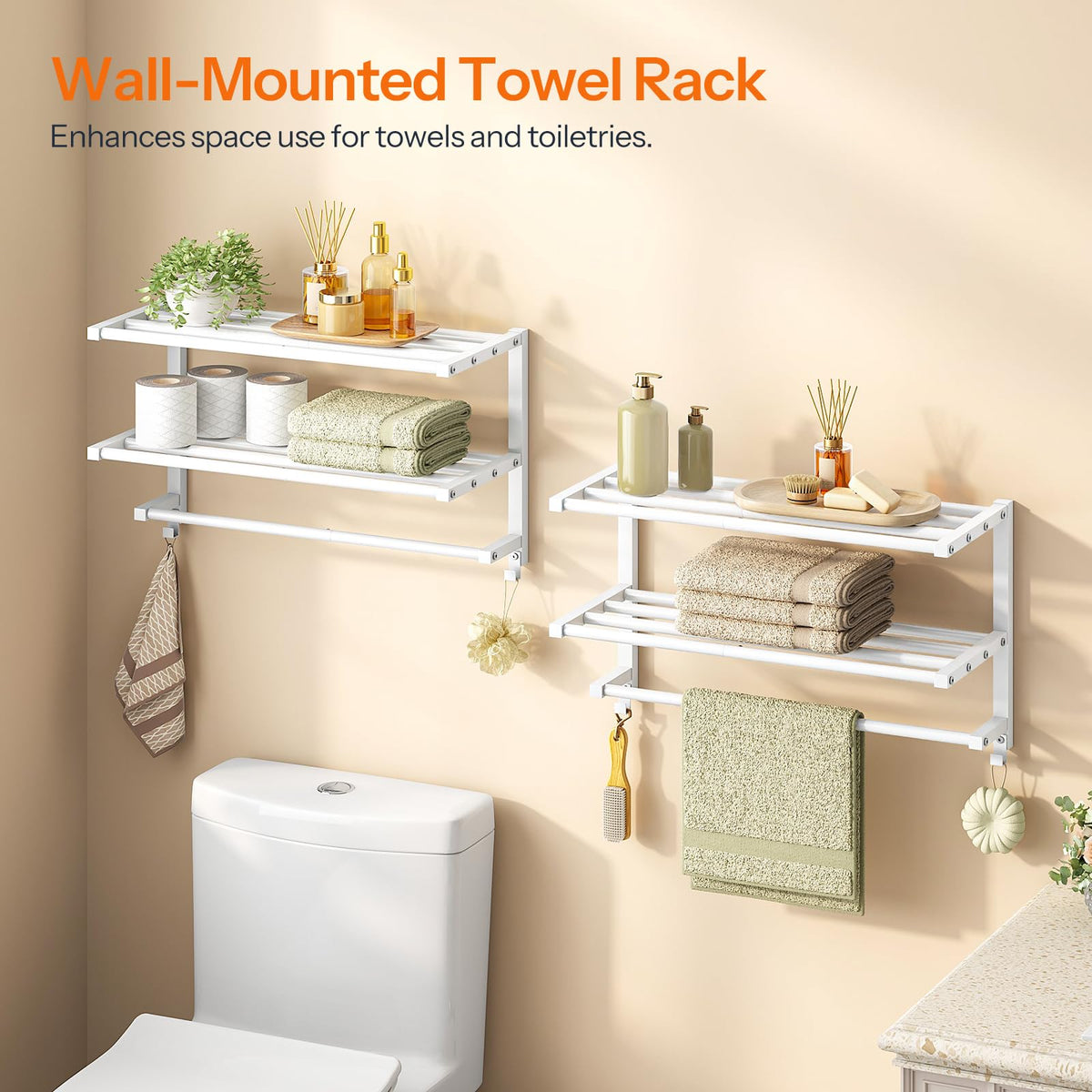 HOOBRO 23.8" Towel Rack for Bathroom, 3 Tier Towel Shelf with Tower Bars, Bathroom Storage Organizer for Towels and Toiletries, Towel Holder Wall Mounted with 2 Hooks, White WT08LB01
